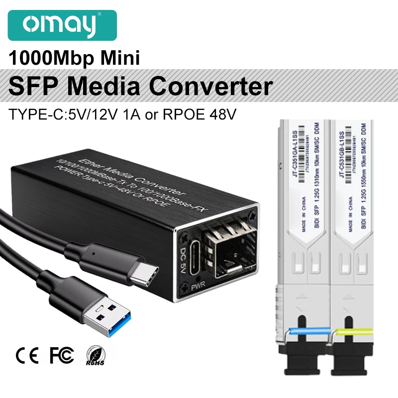 1.25G Mini PoE Gigabit SFP Media Converter 1000M Ethernet to SFP SC/LC Fiber Optic Network 5V DC USB/Type-C Input