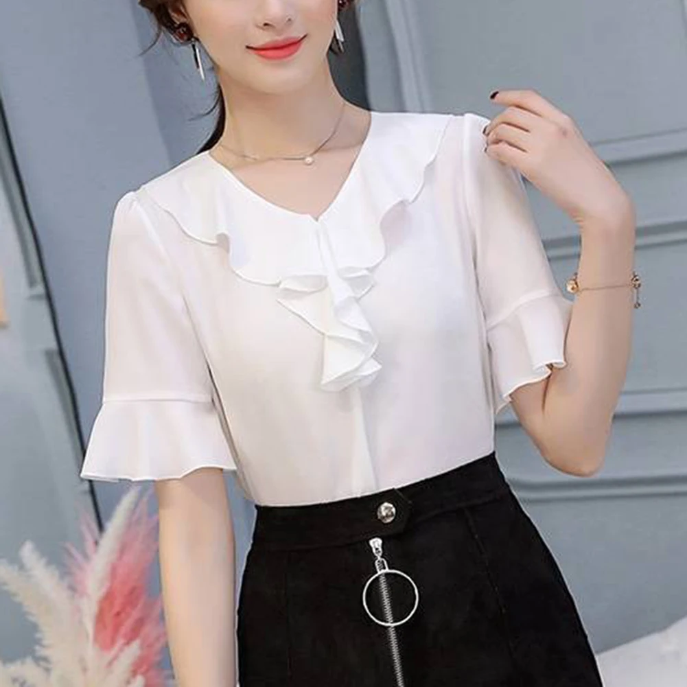 Casual Fashion Blouse Shirt Ruffle Trim V Neck Solid Shirt Women French Short-Sleeved Chiffon Blouse Summer Simple Women Top