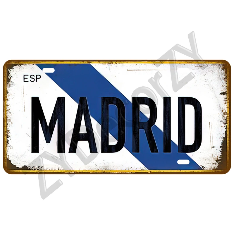 Vintage ESP MADRID City Tin Sign, White Blue Diagonal Stripe Worn Wall Decor for Travel Room & Man Cave Home