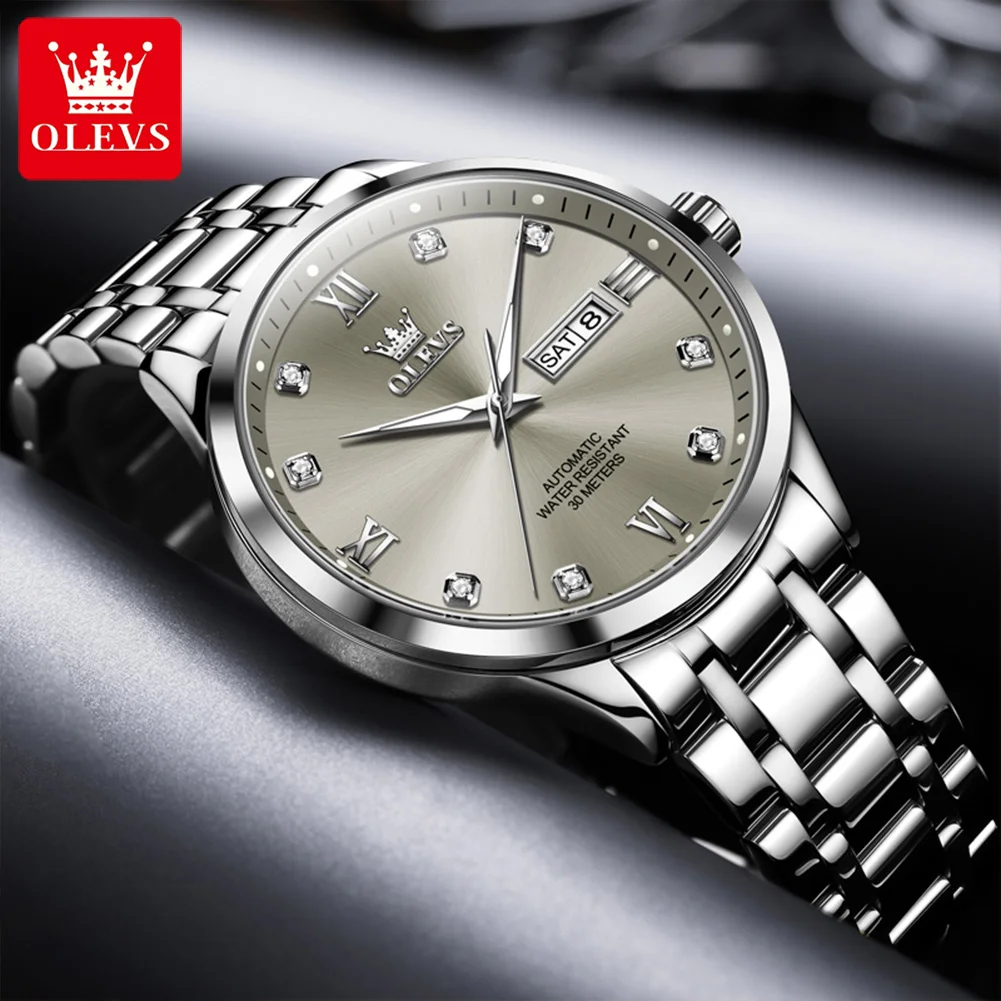 OLEVS Luxury Wach for Men Diamond Dial Dual Calendar Display Fashion Classic Waterproof Men\'s Automatic Mechanical Watches New