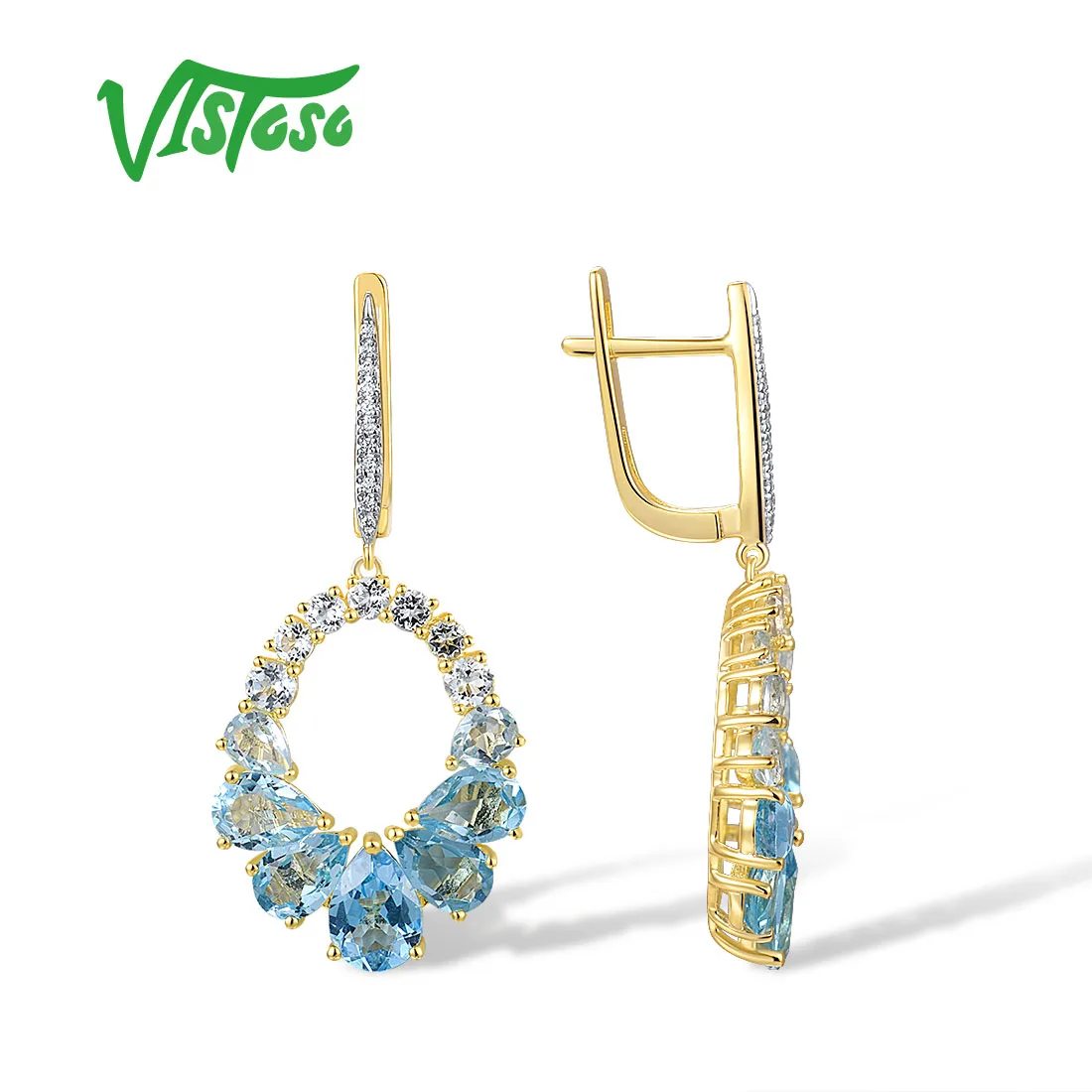 VISTOSO 14K 585 Yellow Gold Earrings For Women Sparkling Gradual White Blue Topaz Diamond Earrings Gorgeous Trendy Fine Jewelry