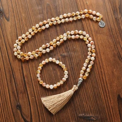 8mm Citrine Knot 108 Mala Beaded Necklace Bracelet Set Meditation Yoga Prayer Jewelry Japamala Rosary for Men and Women