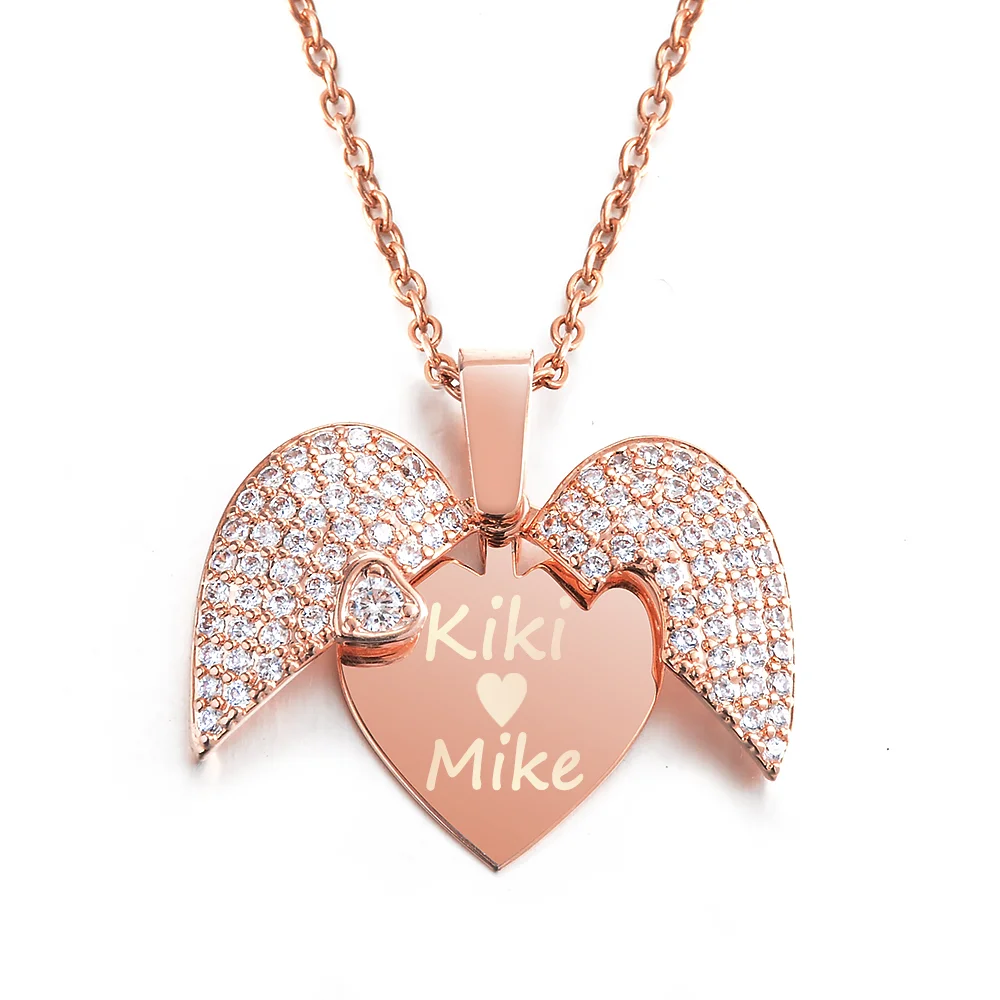 

Personalized Women Chain Necklace Custom Engraved Name Openable Heart Crystal Wings Pendant Neklace Valentine Day Gift With Box