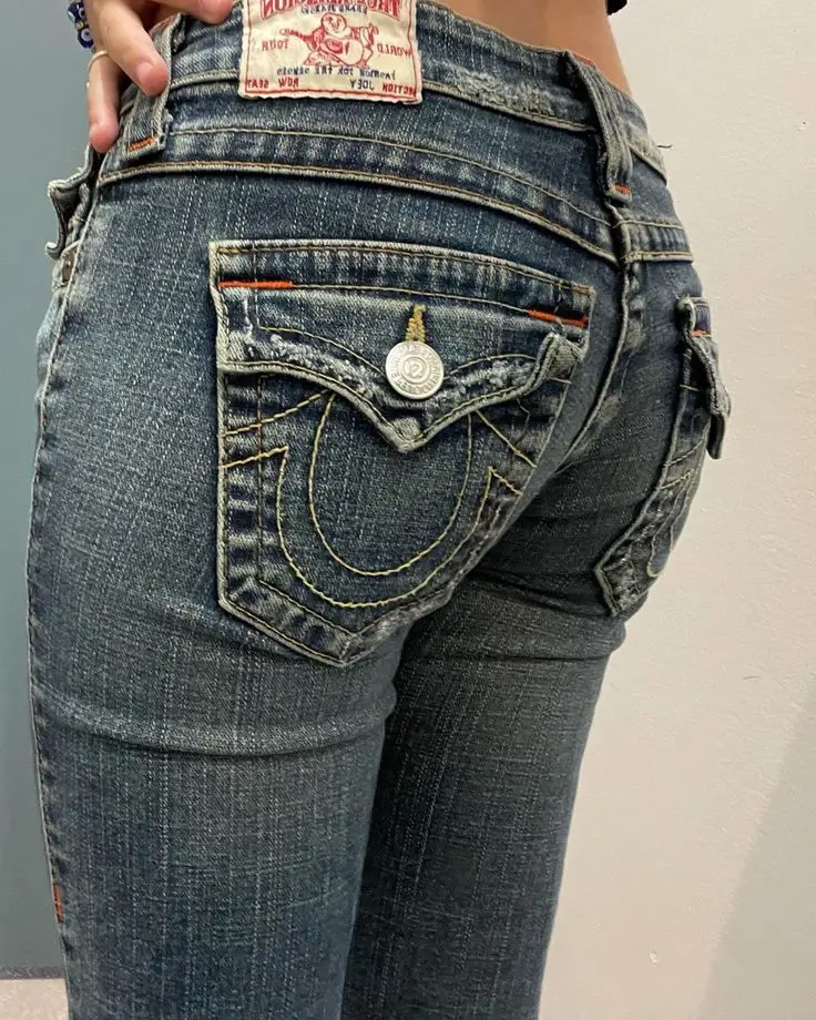 Vaqueros góticos con cabeza de Buda para mujer, ropa Y2K, bordado de bolsillo de Hip Hop, Vaqueros holgados azules Vintage, pantalones de pierna ancha de cintura baja