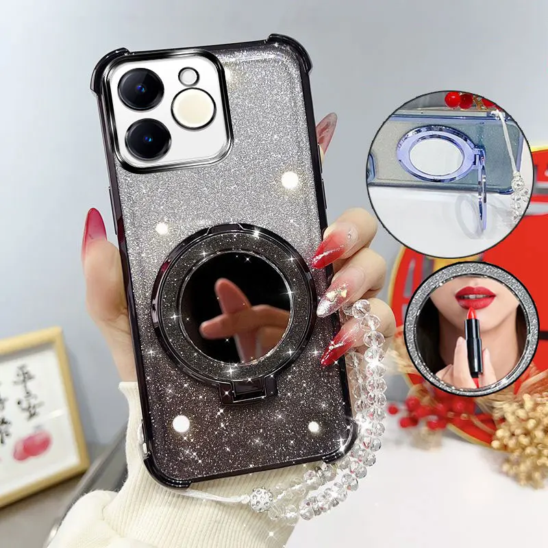 70T Glitzernde, stoßfeste Handyhülle mit Spiegelständer und Perlenband für Oppo Realme Note 70 T Narzo 80 Lite Rückseite