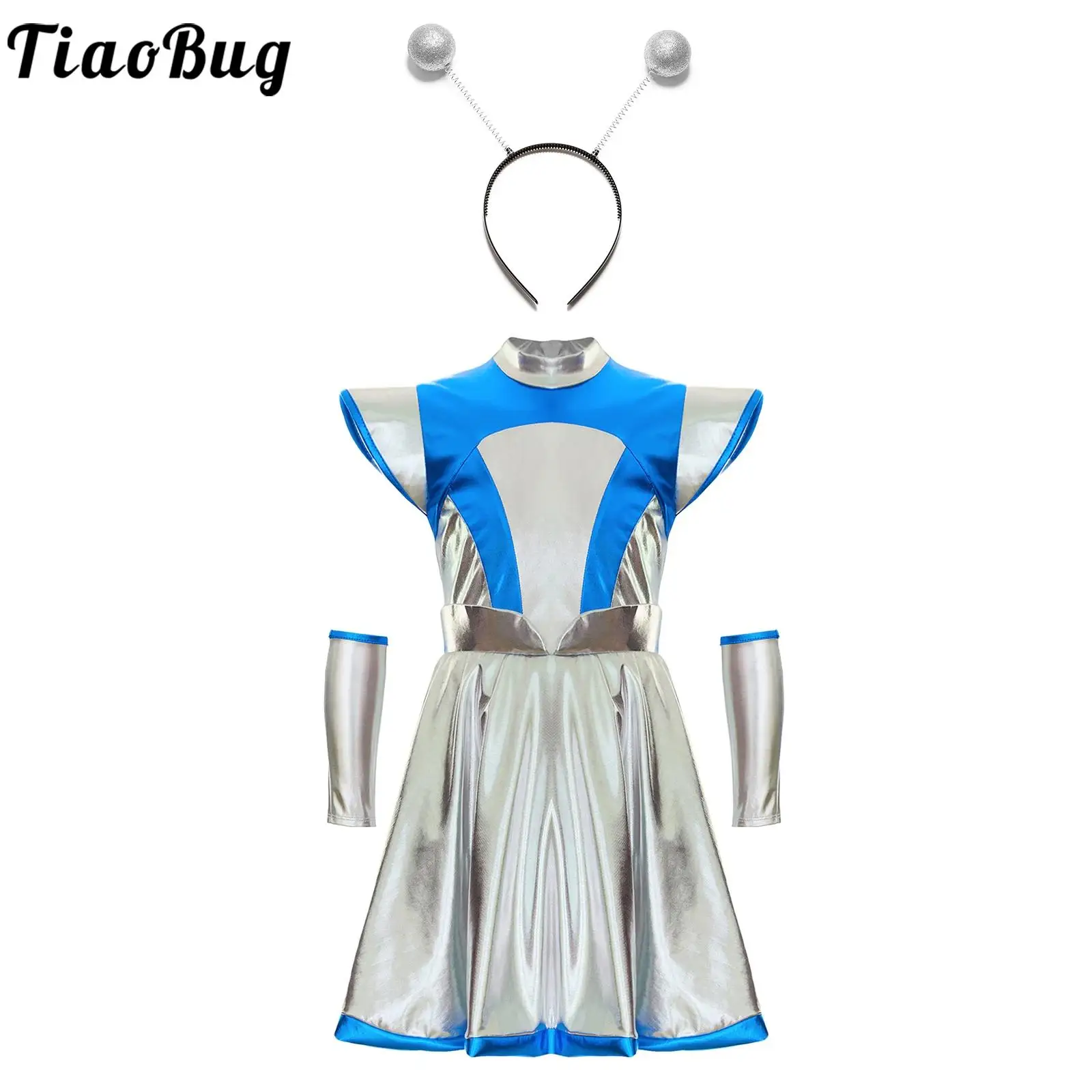 Kids Girls Alien Cosplay Halloween Costume Outer Space Cutie Clothes Metallic Shiny Cap Sleeve Alien Dress with Arm Sleeves