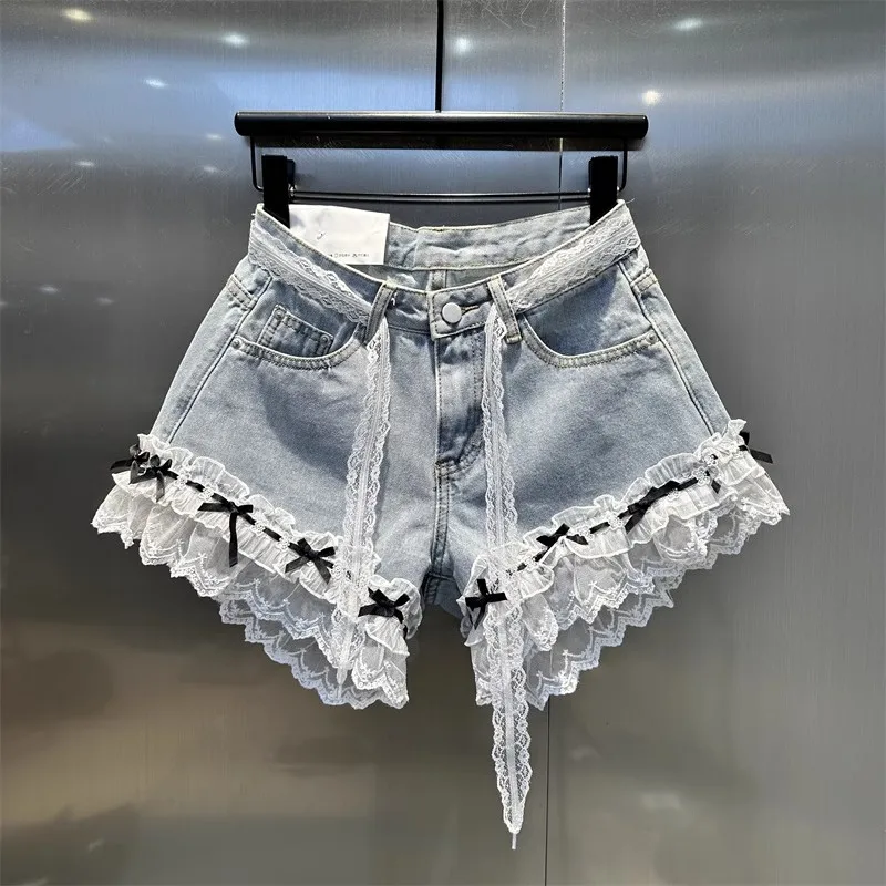 

Summer Sweet Lace Denim Shorts for Women Bow Ruffles Patchwork A-line Short Jeans Korean Fashion Female Wide Leg Shorts