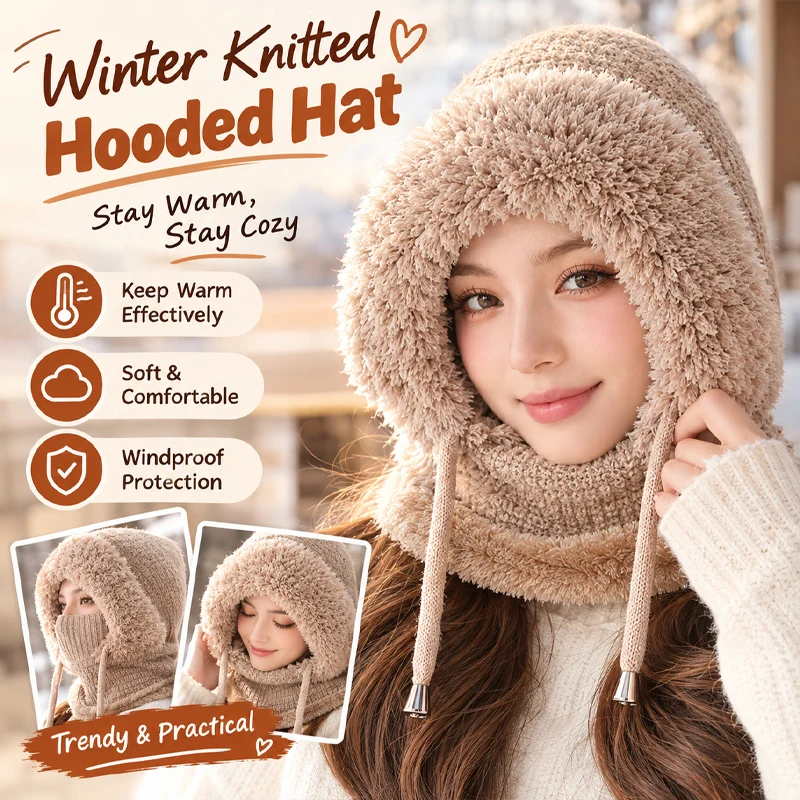Women's Winter Knit Balaclava Hood with Face Cover Neck Warmer Fleece Lined One-Piece Cycling Cap for Riding Sports Windproof