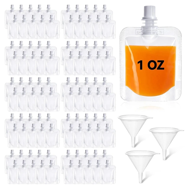 A23T Reusable Drink Pouches Bulk 200pcs with Funnel for Travel Liquid Juice Bags Leakproof Portable