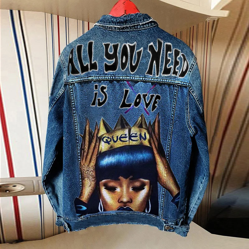 Women\'s Autumn New Hot Selling Street INS Hip-Hop Personality Girl Pattern Coronation Crown Printing Lapel Denim Jacket