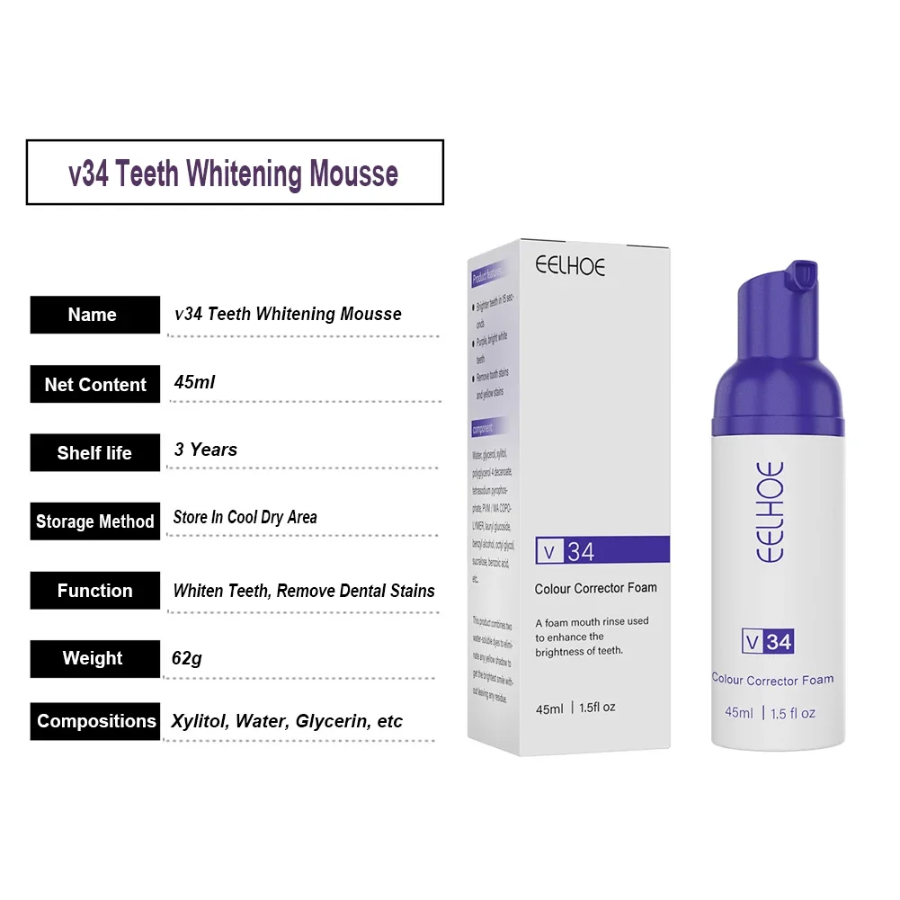 5/10 Stuks V34 Paarse Tanden Whitening Tandpasta Mousse Kleur Corrector Essentie Pen Mondverzorging Tandvlees Reparatie Tand vlek Verwijderen Poeder