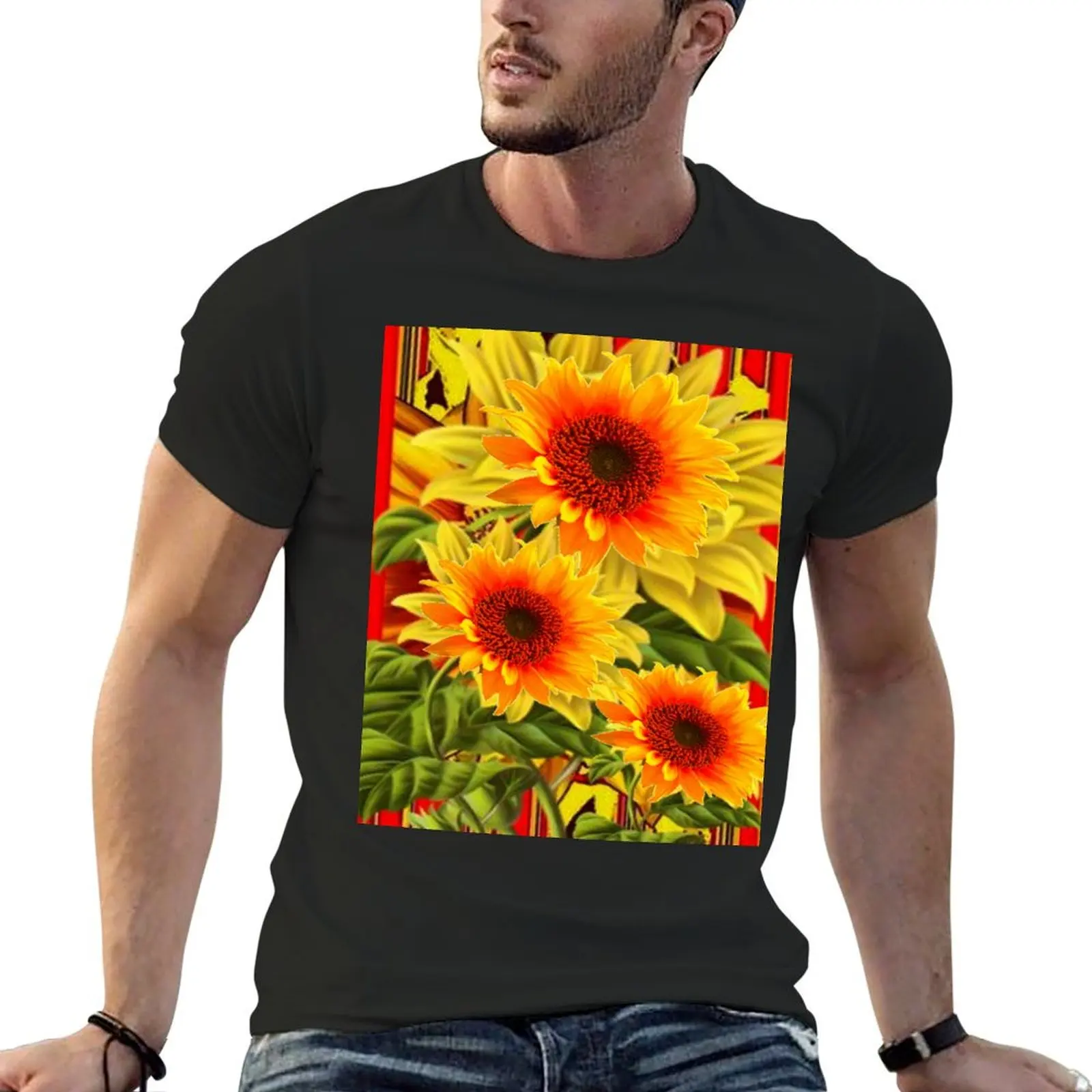 THREE YELLOW SUNFLOWERS ON RED PATTERN ABSTRACT ART T-Shirt street wear anime figures men t shirts