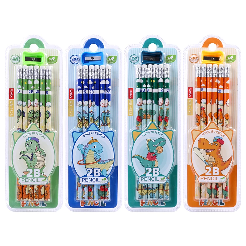 12Pcs/Set wooden pencils with eraser 2B pencil Little dinosaur Cartoon writing pen cute Student pen School supplies gi