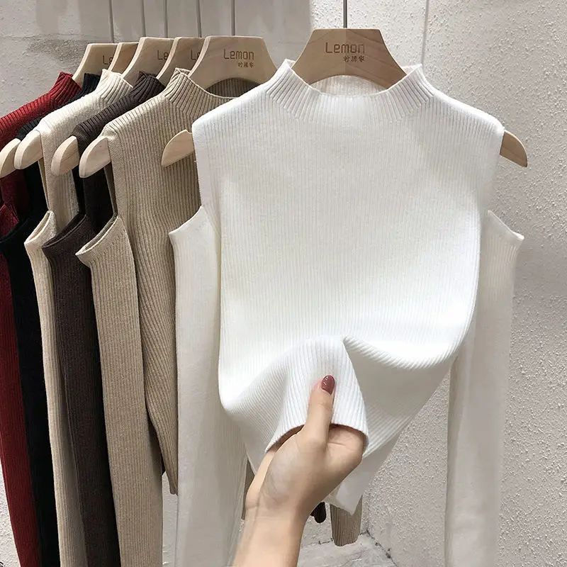 Spring Autumn New Solid Color Half High Forest Long Sleeve Sweater Women High Street Off Shoulder Pullovers Elegant Slim Tops