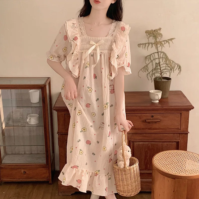 Nightgown Short-sleeved Summer Dress Loose Cute Kawaii Women Clothing Homewear Dresses Printed New Fashion Casual  Comfortable