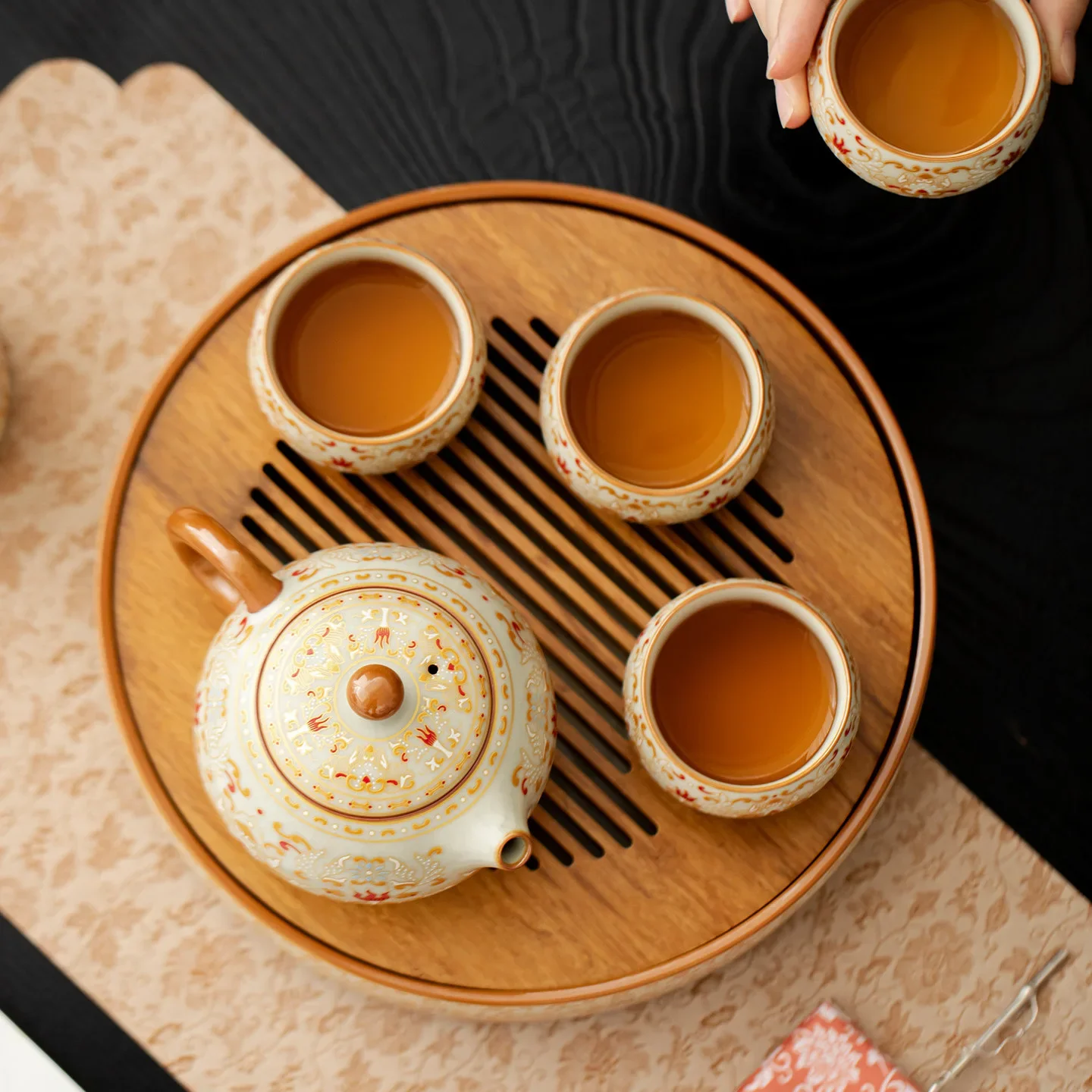 DSA Dunhuang gold-painted tea tray water storage household ceramic tray tea table circular drain water tea set