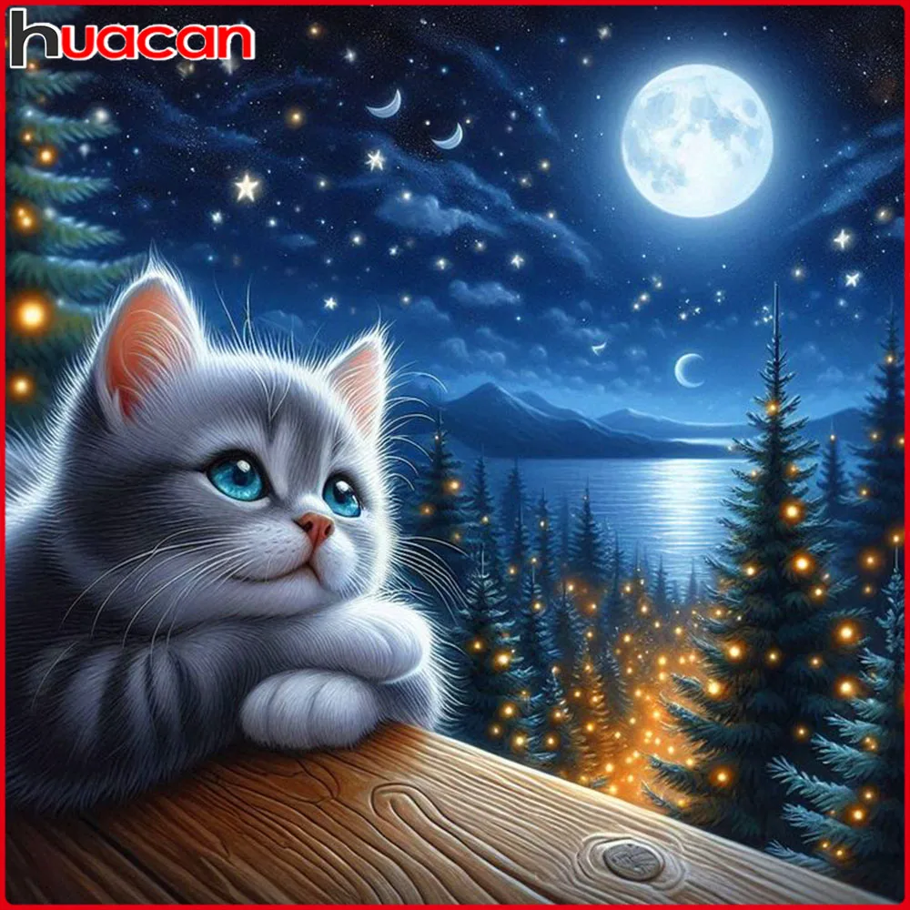Huacan Neuheiten Diamantmalerei Katze Mond Diamantmosaik Tierlandschaft Komplettset Dekorative Gemälde