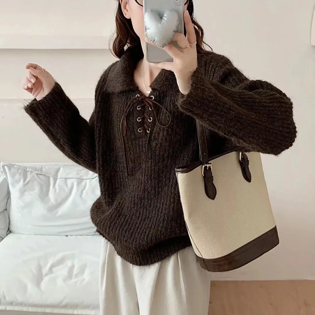 

Faionable Knitted Sweater Women's Autumn Winter New Sle Korean Loose Design Collar Belted Ele Top