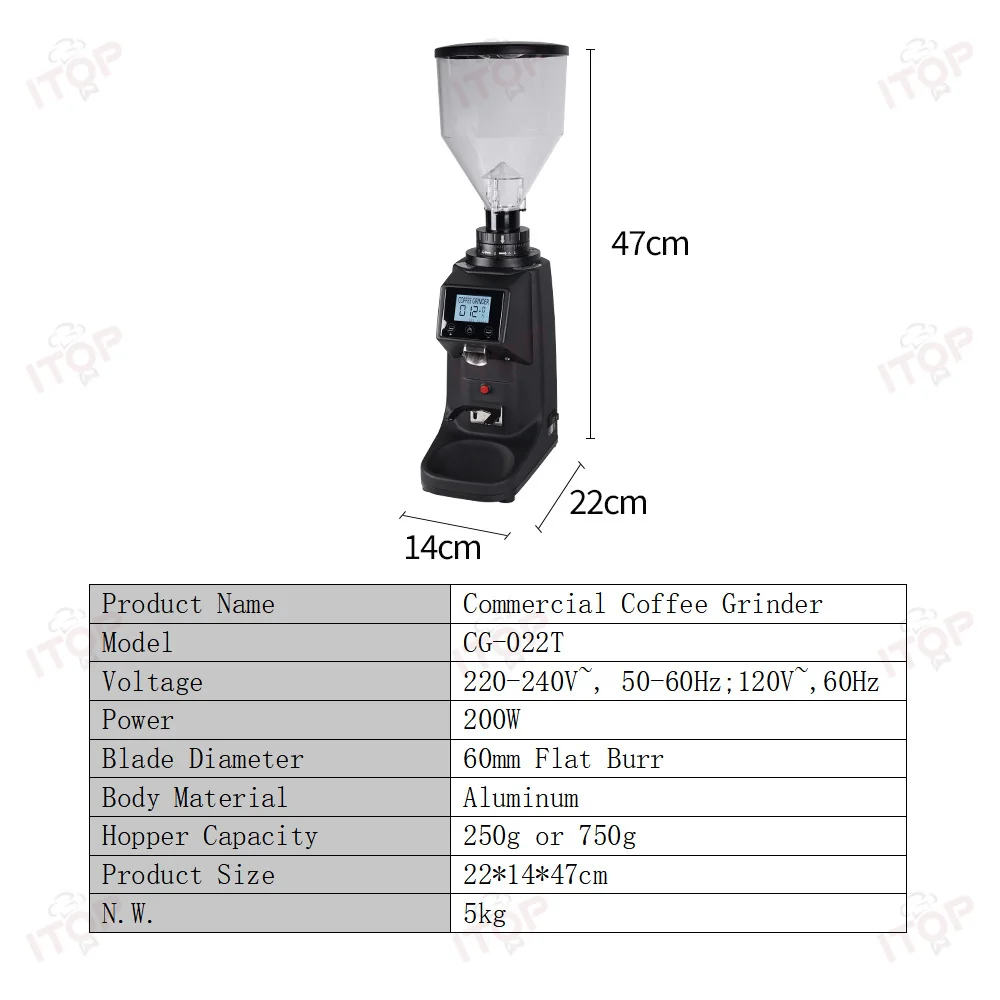 ITOP CG-022T Кофемолка 60 мм с плоскими заусенцами, сенсорный экран, количественное время, одинарная и двойная чашка, 250/750 г, бункер, опционально