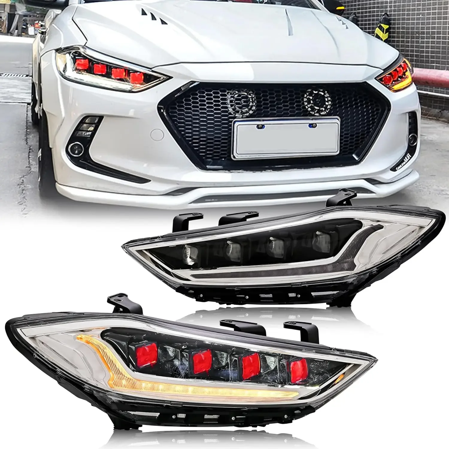 

LED Headlights for Hyundai Elantra 2017 2018 Start-up Animation Sequential Indicator Red Eyes Front Lamps Accessa