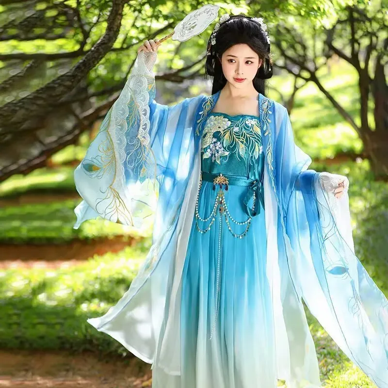 Vestido Hanfu de talla grande 6XL para mujer, trajes Hanfu Tang bordados chinos morados y azules, disfraz de Cosplay de Carnaval de Halloween para mujer 5X