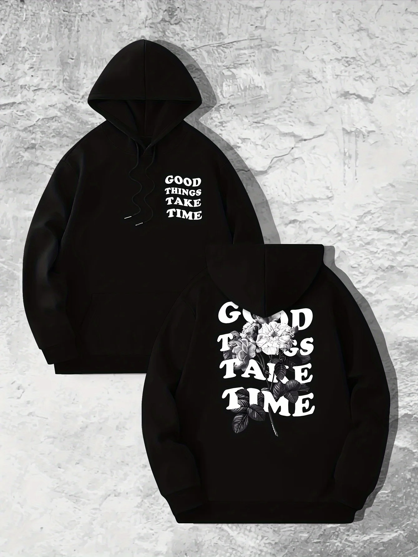 Men's Retro Rose Graphic Hoodie Heavyweight Fleece Oversized Pullover Good Things Take Time Quote Design Streetwear Casual Top