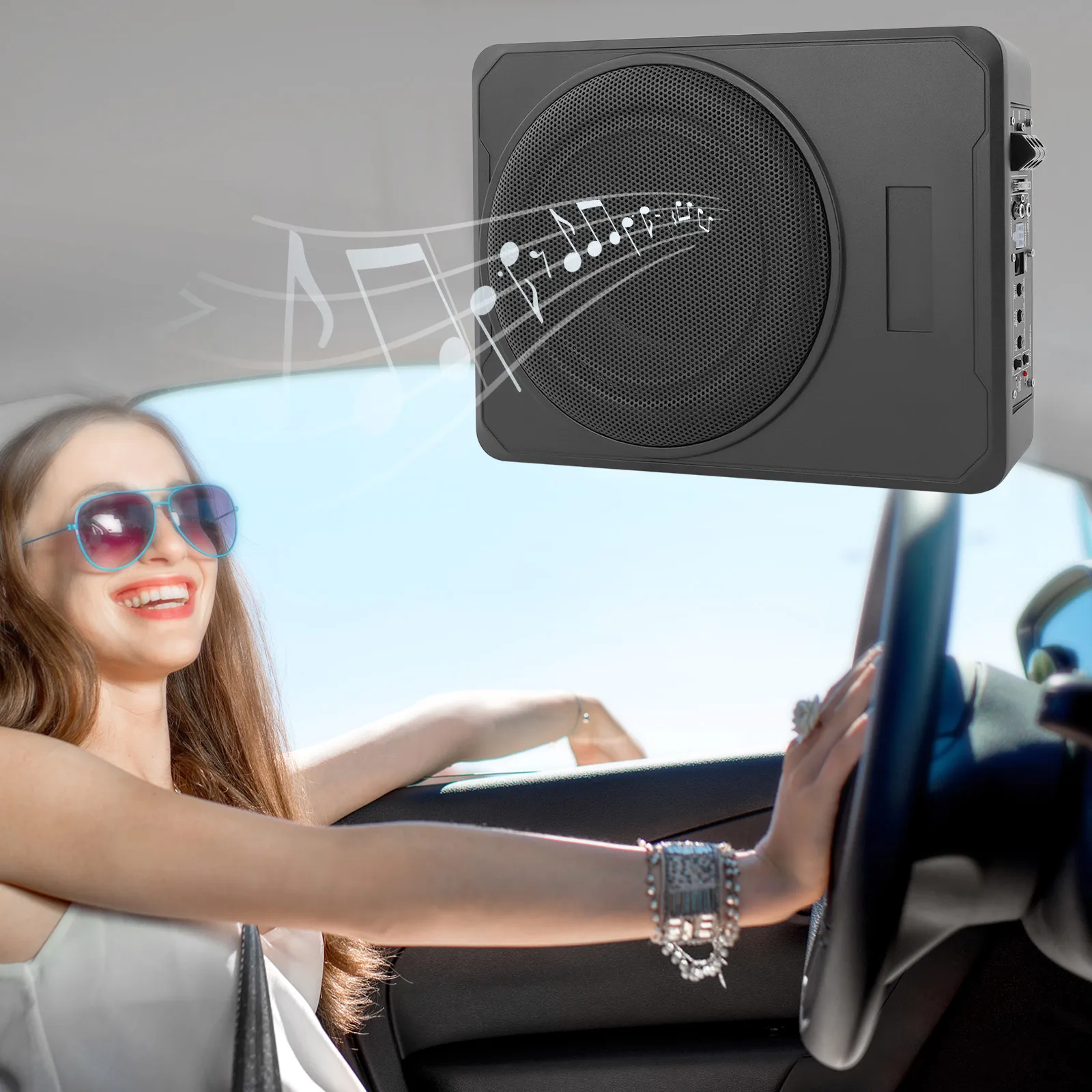 600W 10 Inch Car Subwoofer Amplified Sound Box for under Or behind Seat Installation Compact Vehicle Bass Speaker