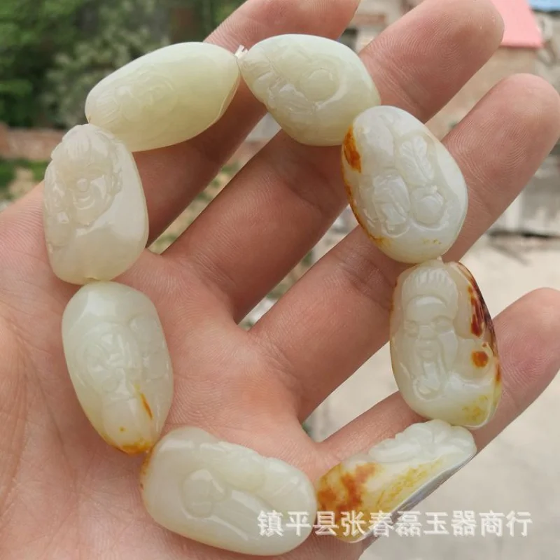 Hetian Rough Stone Jade Pebble Korean Carved Eight Immortals Bracelet