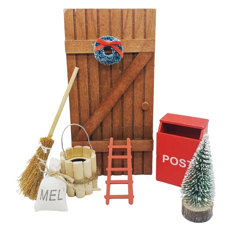 Miniature Christmas Doll House Decoration Wooden Front Door Wreath Mailbox Barrels For 1/12 Scale Model Project Display 15UB