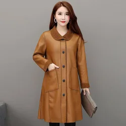 Women Autumn Winter Mid-length Leather Jacket 2025 Female New Fashion Fur Lamb Fur Trench Coat Women Foreign Style Jacket