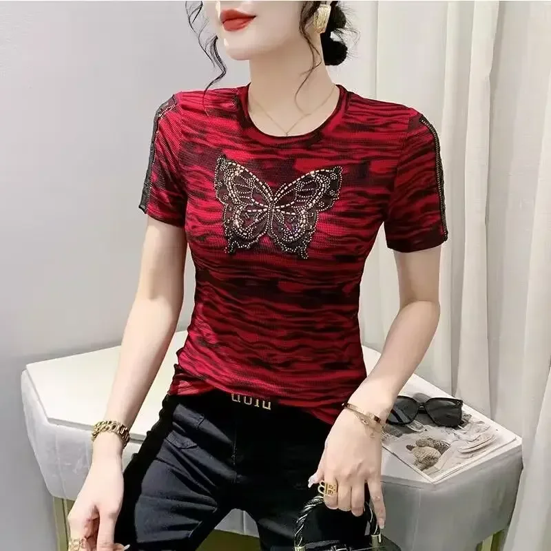 

Luxury High-end Summer Shirts Women's Clothing Design T-shirt Shiny Diamonds Skinny Tees Short Sleeve Tops Streetwear Trend New