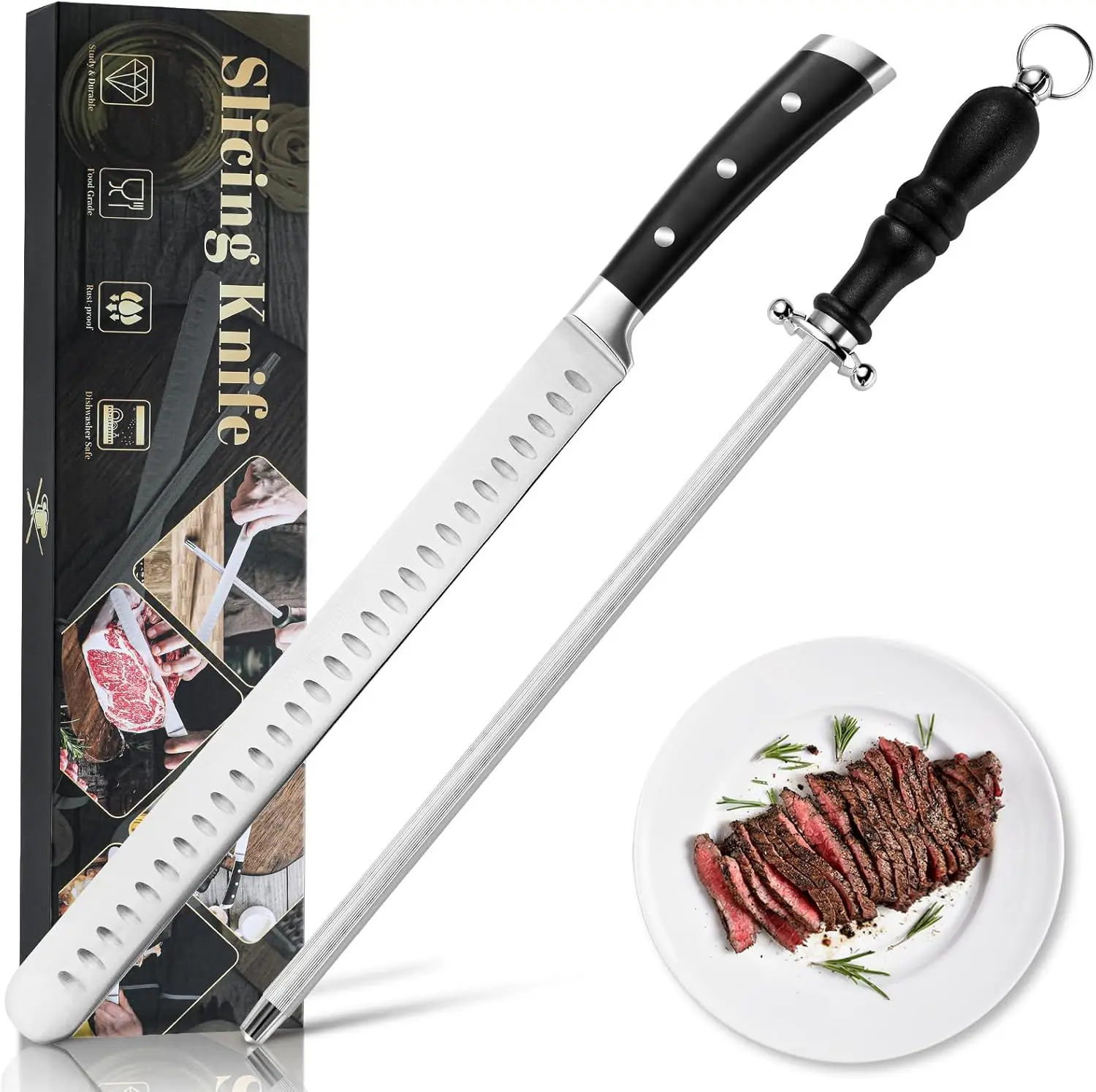 

Brisket Slicer Kit,12" Razor Sharp Meat Carving Knife & 12" Honing Rod for Kitchen Knives, Full Tang Slicing Knife with Gift Box