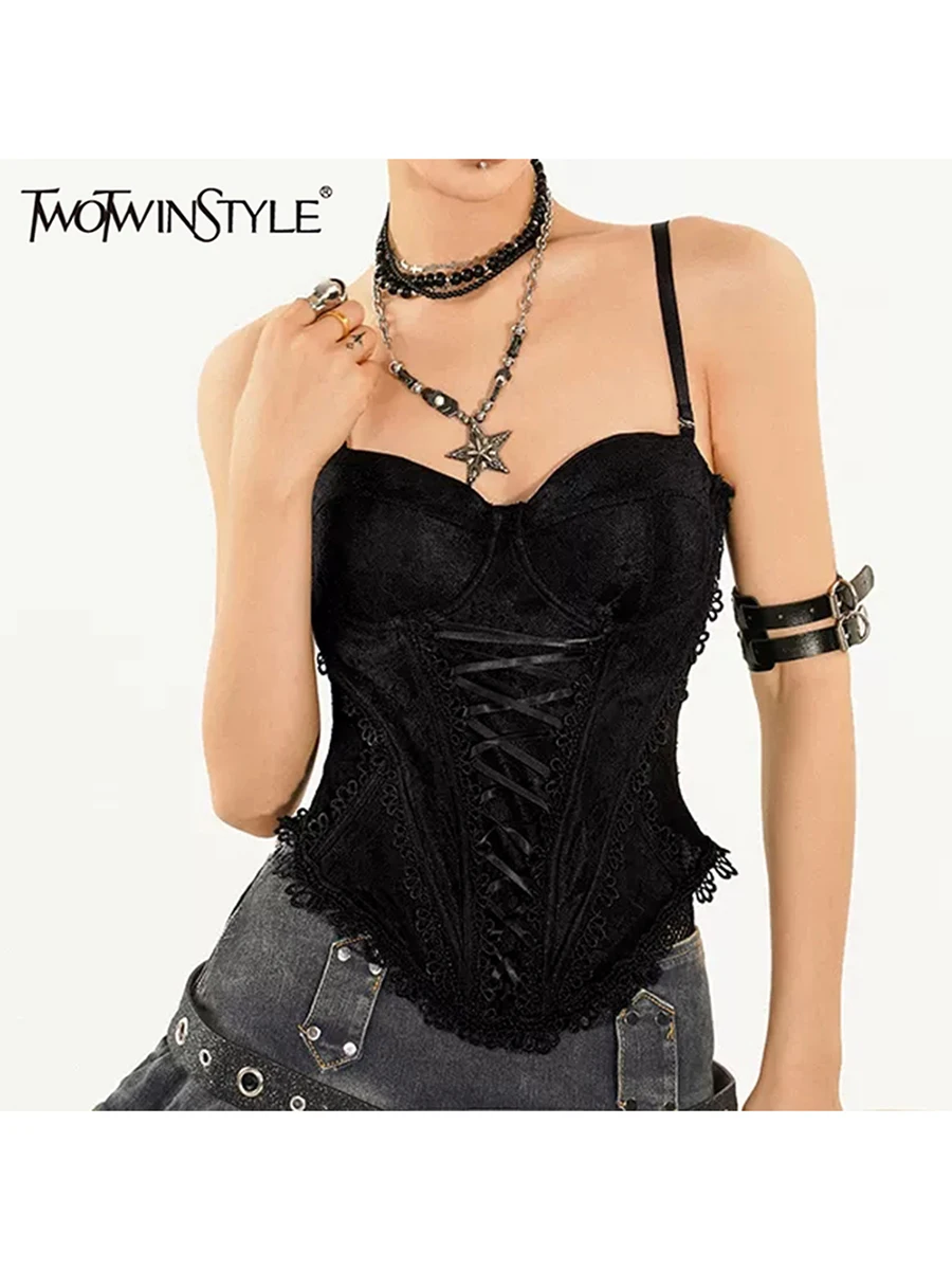 

TWOTWINSTYLE однотонные утягивающие жилеты на шнуровке для женщин, туника без рукавов с квадратным вырезом, темпераментный жилет, женский модный стиль
