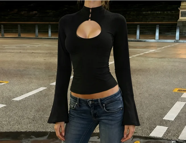 street style sexy stand up collar buckle hollow out trumpet sleeve waist cinched long sleeved personality slim fit t-shirt