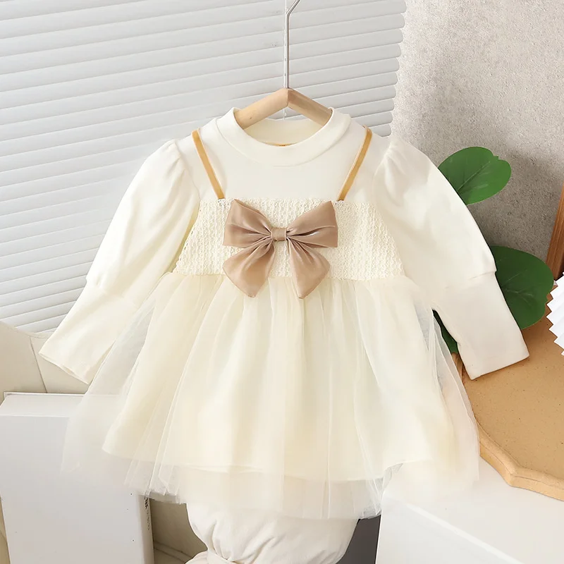 Toddler Baby Dresses For Girls Spring Cotton Long Sleeve Mesh Bow Lace Girls Dress Fashion Princess Clothes For Kids Clothing