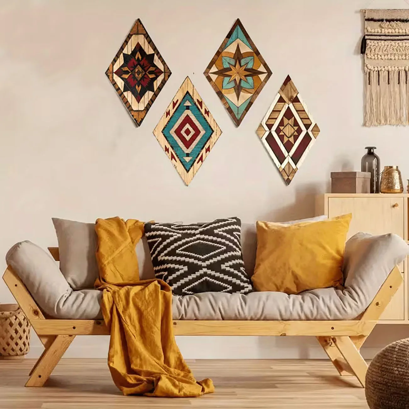 4Pcs Diamond Shaped Southwest Native Geometric Wooden Wall Stickers, Western Aztec Ethnic Decor with Nano Tape