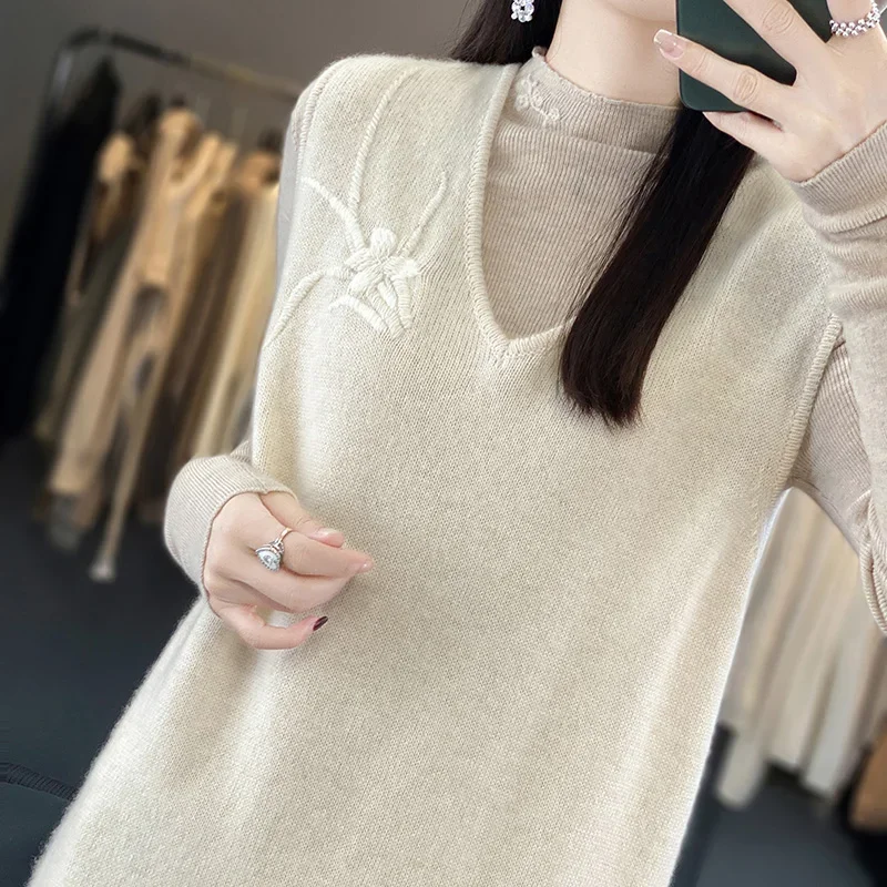 Women's Monochromatic Long V-Neck Cashmere Sweater Sleeveless Knitted Bottoming Shirt Wool Embroidered Vest for Autumn Winter - Image 2