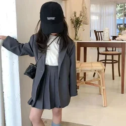 spring kids elegantes conjuntos para mujeres 2 piezas child outfits teen girls Suit skirt set Blazer jacket+Pleated skirt junior