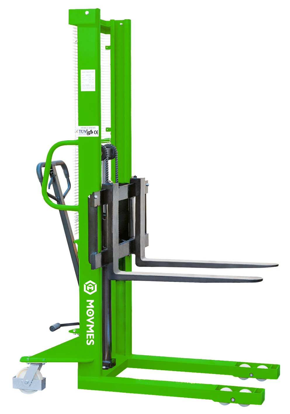 Manual Pallet Lifter Hand Stacker PU Fork Wheel 75mm Fork Height 1000kg Load Capacity 1600mm Lift Height 1 Year Warranty