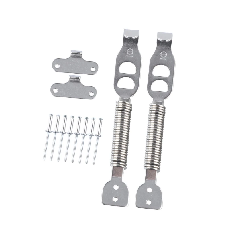 Silver Tone Hood Spring Hardware Set with Visible Metal Parts, Including 2 Mounting Plates and 8 Fasteners for Vehicle Hood
