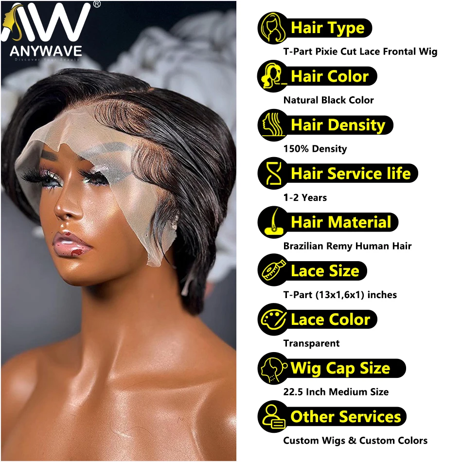 150% Density Pixie Cut Wig Glueless Transparent T-Part Lace Front Human Hair Wig For Women Brazilian Remy Hair Short Bob On Sale