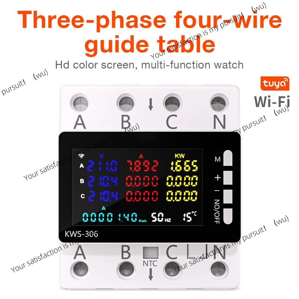 

85-290V WiFi Power Meter KWS-306WF Digital Energy Tester Current Voltage Protector Relay Switch Color Screen 3P Guide Rail Table