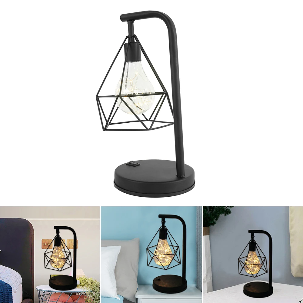 Retro Table Lamp Black Geometric Wire Industrial LED Night Light Battery Operated Bed Side Desk Lamp for Living Room Decor