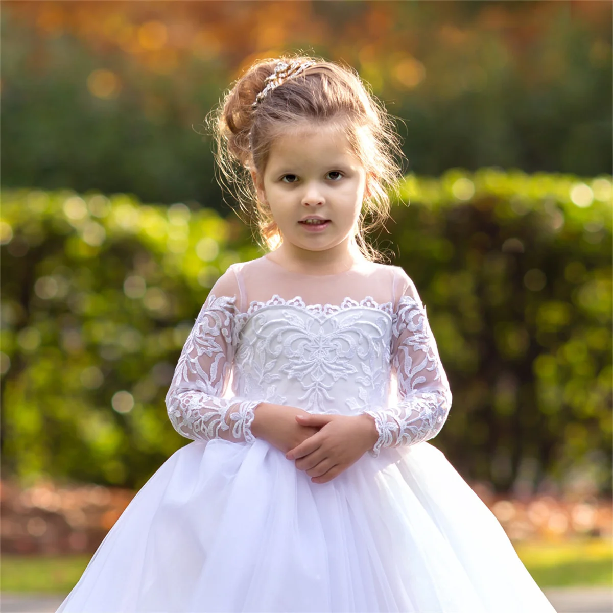 Vestido de encaje blanco para niña, apliques de boda, fiesta de cumpleaños, tul esponjoso, lazo de manga larga, vestidos de baile de primera comunión para niños