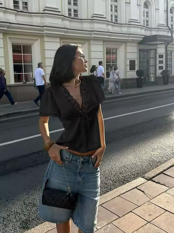 CNYISHE Lace Patchwork Solid Short Sleeve Tops for Women V Neck Sheath Fashion Tees Female Sexy Club T-shirts Elegant Casual - Image 11