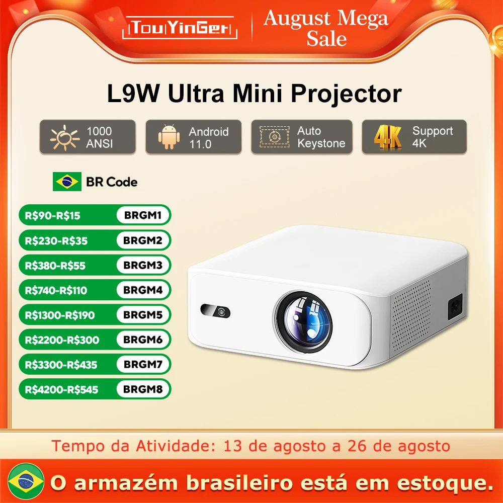 Projetor Ultra Android Touyinger L9W 4K Mini Projetores Full HD Cinema Vídeo Proyector LED Home Theater Beamer Tela Bluetooth