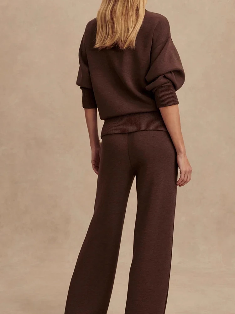 Vintage Casual Solid Color Commute Sport Sets Fashion Lady Long Sleeve Pullover&Pants Set Autumn Winter New Women Simple 2 Piece