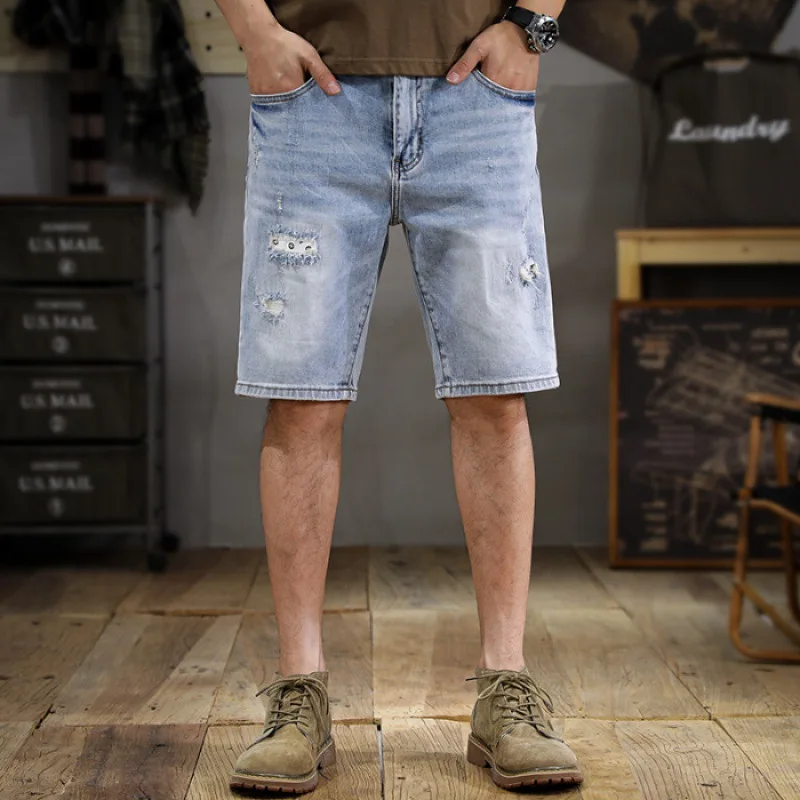 Summer Thin Scrape Ripped Men's Jeans Shorts 2024 New Retro Distressed Slim Straight Ins Washed Light Blue Cropped Pants