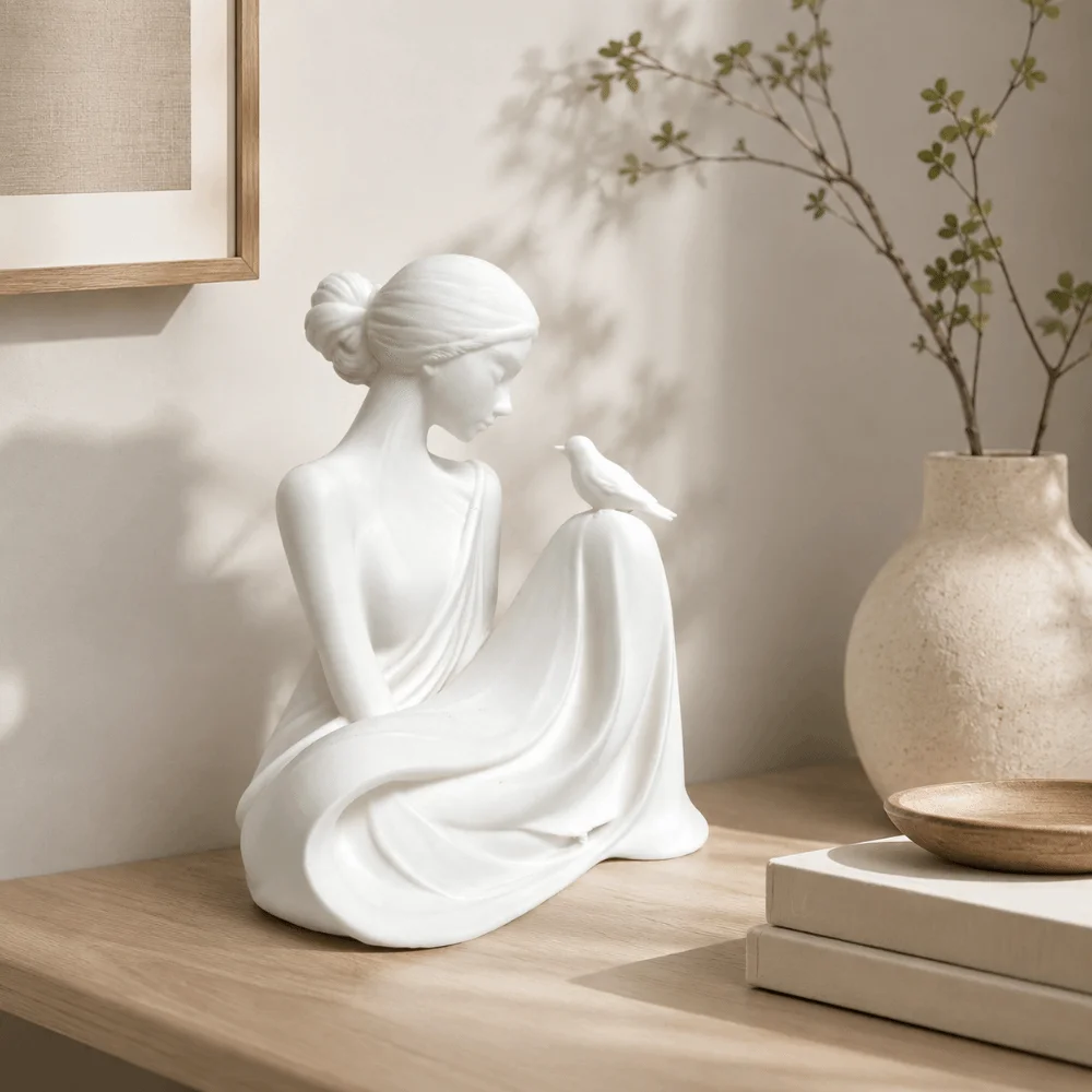 Élégante figurine d'oiseau pour fille imprimée en 3D, design en relief, sculpture créative de femme assise, décoration de maison, ornements de bureau