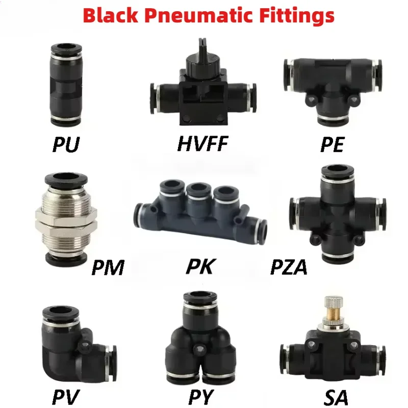 Black Pneumatic Fittings Pipe Connector Tube Air Quick Fittings 3/4/5/6/8/10/12/14/16mm PU PY PK PE PV SA HVFF PZA PM PP